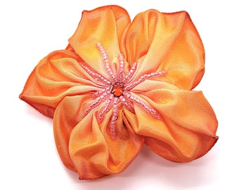 Bright orange and Pale Pink Hand Stitched Ribbon Flower Brooch Pin with a Beaded Swarovski Crystal Center