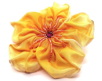 i hate YELLOW Hand Stitched Ribbon Flower with a Beaded Swarovski Crystal Center Brooch Pin