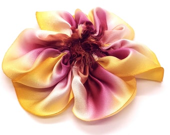 Silk Flower Brooch in Fresh Cut Peach Hand Sewn Yellow and Burgundy Hand-Dyed Silk Charmeuse