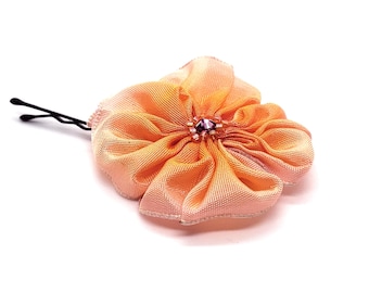 Pink and Orange Hand Stitched Ribbon Flower Hairpin Bobbie Pin with a Beaded Swarovski Crystal Center