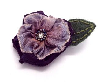 Light Blue and Navy Something Blue Hand Sewn Ribbon Rosette Hair Clip with a Hand Embroidered Felt Leaf and a Swarovski Crystal Centre