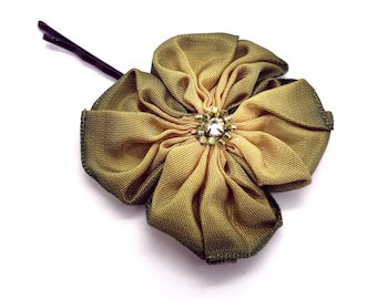 Lucky Green Flower Hairpin Hand Sewn Fibbon Flower with a Beaded Swarovski Crystal Center on a Bobby Pin