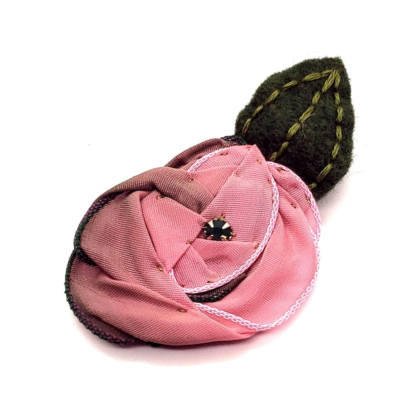 Carnation Pink and Green Ribbon Rosette Hair Clip with a Hand Embroidered Felt Leaf and Swarovski Crystal Center