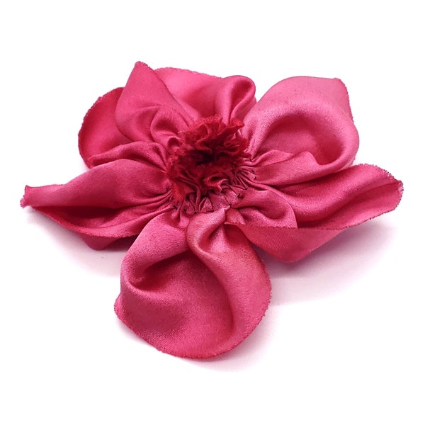Bright Pink Almost Red Hand-Dyed Bias-Cut Silk Charmeuse Hand-Stitched Ribbon Flower Brooch