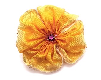 Pale Yellow and Golden Yellow Hand Sewn Ribbon Flower Brooch Pin with a Sparkly Beaded Swarovski Crystal Centre