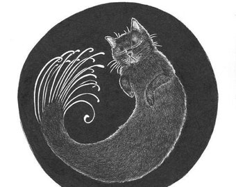 Sleepy Purrmaid Mermaid Black Cat ORIGINAL artwork ink drawing on paper 8 x 8