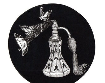 Haunted Art Deco Perfume Bottle with Butterflies ORIGINAL artwork ink drawing on paper 8 x 8