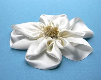 Large Antique White and Ivory Hand Dyed Bias Cut Silk Charmeuse Hand Stitched Ribbon Flower Brooch Pin