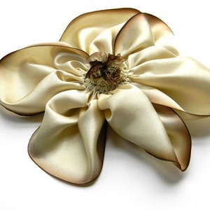 Large Chocolate Brown and Cream Hand Dyed Bias Cut Silk Charmeuse Hand Stitched Ribbon Flower Hair Clip image 3