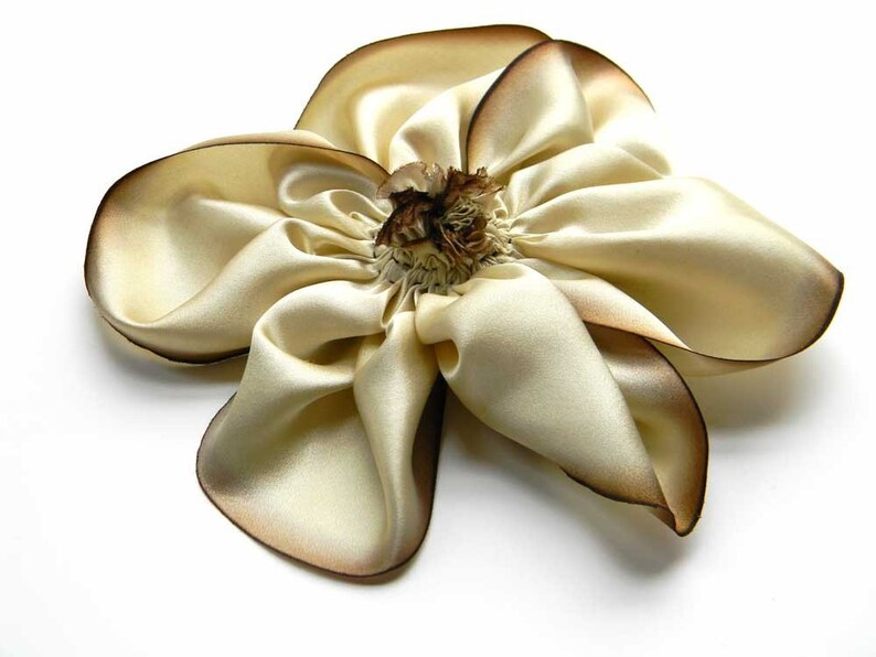 Large Chocolate Brown and Cream Hand Dyed Bias Cut Silk Charmeuse Hand Stitched Ribbon Flower Hair Clip image 3