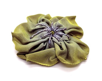 Lime Green and Periwinkle Grey Blue Hand Stitched Ribbon Flower Hair Clip with a Beaded Swarovski Crystal Centre