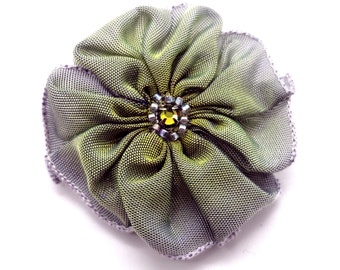 Periwinkle Grey Blue and Lime Green Hand Stitched Ribbon Flower Brooch Pin with a Beaded Swarovski Crystal Centre