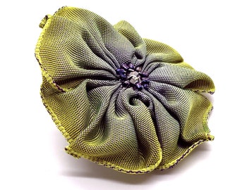 Lime Green and Periwinkle Grey Blue Hand Stitched Ribbon Flower Brooch Pin with a Beaded Swarovski Crystal Centre