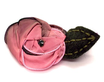 Carnation Pink and Green Hand Stitched Ribbon Rose Hair Clip with a Hand Embroidered Felt Leaf and Swarovski Crystal Centre