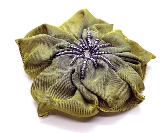 Lime Green and Periwinkle Grey Blue Hand Stitched Ribbon Flower Brooch Pin with a Beaded Swarovski Crystal Centre