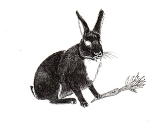 Vampire Bunny with her Carrot Victim ORIGINAL artwork ink drawing on paper 6 x 6