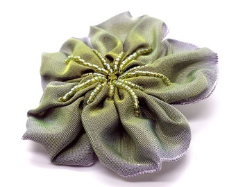 Periwinkle Grey Blue and Bright Lime Green Hand Stitched Ribbon Flower Brooch Pin with a Beaded Swarovski Crystal Centre