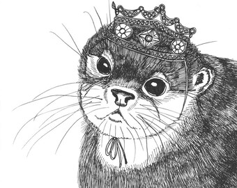 Baby Otter in a Glittering Crown ORIGINAL Ink Drawing on Paper 5 x 5