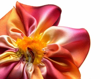 Old Flame Burgundy Red and Golden Yellow Hand-Dyed Bias-Cut Silk Charmeuse Hand-Stitched Ribbon Flower Brooch