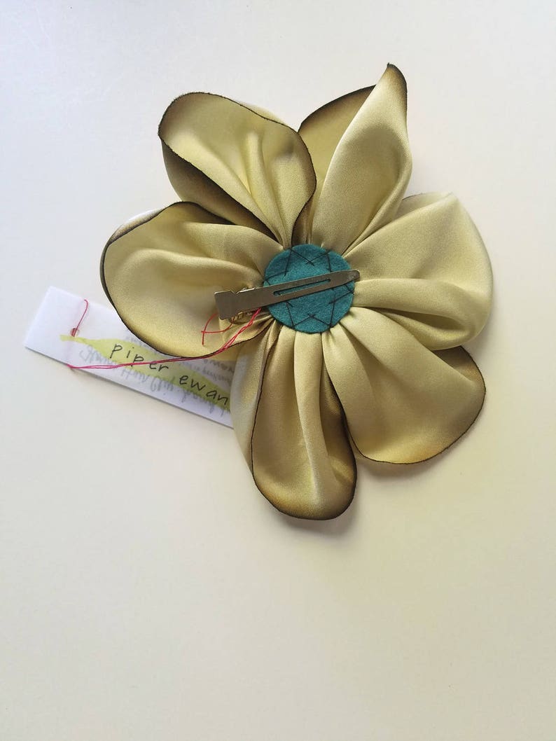 Large Chocolate Brown and Cream Hand Dyed Bias Cut Silk Charmeuse Hand Stitched Ribbon Flower Hair Clip image 4