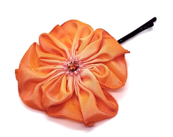 Orangeade Bright Orange and Pale Pink Hand Sewn Ribbon Flower Hairpin Bobby Pin with a Sparkly Swarovski Crystal Centre