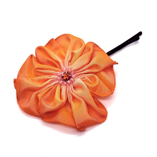 Orangeade Bright Orange and Pale Pink Hand Sewn Ribbon Flower Hairpin Bobby Pin with a Sparkly Swarovski Crystal Centre