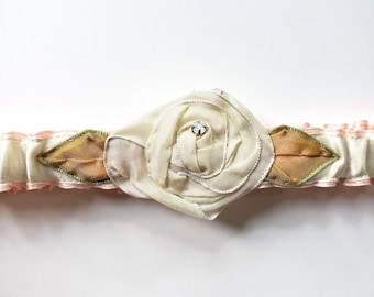 Silk Garter in Cream and Peach with a Cream Ribbon Rose Made in 1920s Style for Bridal, Costume or Everyday