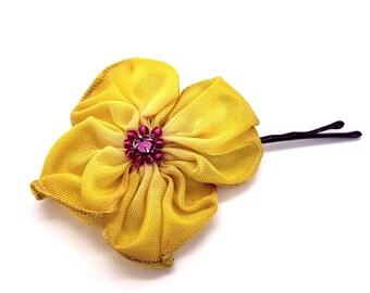 Lemon Yellow Hand Stitched Ribbon Flower Hairpin Bobbie Pin with a Sparkly Swarovski Crystal Centre