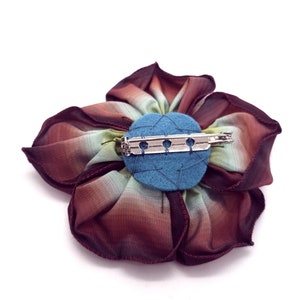 Chocolate Brown Aqua Blue and Golden Yellow Hand Stitched Ribbon Flower Brooch with a Beaded Swarovski Crystal Center image 4