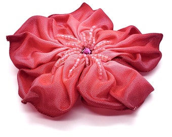 Raspberry Pink Almost Red Hand Sewn Ribbon Flower Brooch Pin with a Beaded Swarovski Crystal Centre