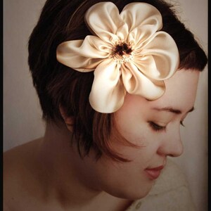 Large Chocolate Brown and Cream Hand Dyed Bias Cut Silk Charmeuse Hand Stitched Ribbon Flower Hair Clip image 1