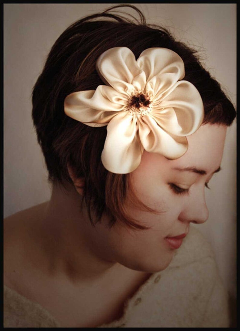 Large Chocolate Brown and Cream Hand Dyed Bias Cut Silk Charmeuse Hand Stitched Ribbon Flower Hair Clip image 1