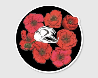 Cat Skull Surrounded by Colourful Poppies Round Glossy Vinyl Die-Cut Decal Sticker