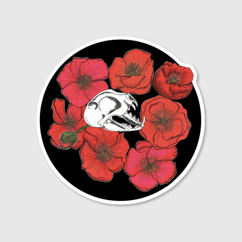 Cat Skull Surrounded by Colourful Poppies Round Glossy Vinyl Die-Cut Decal Sticker image 1