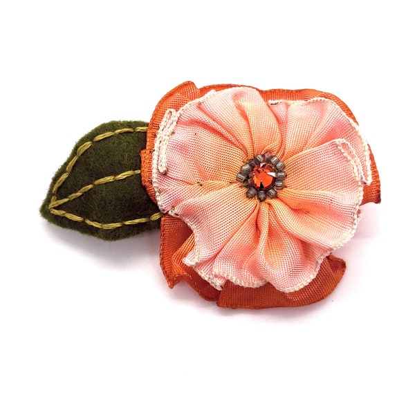 Pink and Orange Hand Stitched Ribbon Rosette Hair clip with a Hand Embroidered Felt Leaf and Swarovski Crystal Centre