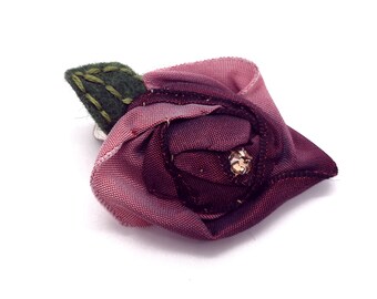 Dark Burgundy Red Hand Sewn Ribbon Rose Hair Clip with a Hand Embroidered Felt Leaf and Swarovski Crystal Center