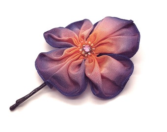 Complimentary Colours Cobal Blue and Bright Orange Hand Stitched Ribbon Flower Hairpin with a Beaded Swarovski Crystal Centre