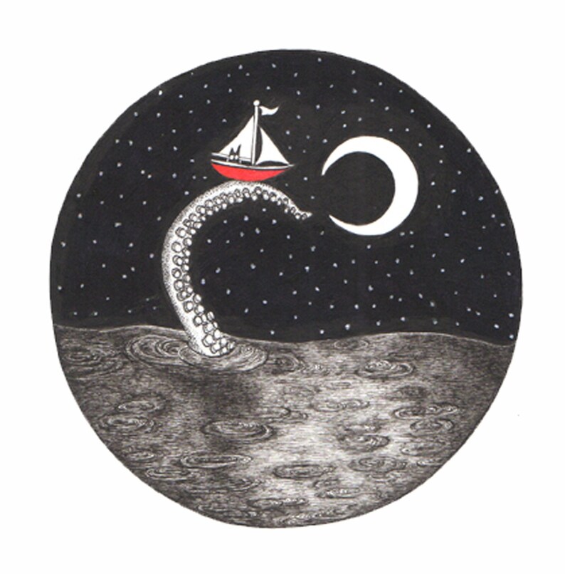 Dark Sea a Tentacle Stretches out of the Ocean Raising Up a Tiny Red Sailboat with a Tinier Cat ORIGINAL artwork ink drawing on paper 6 x 6 image 1