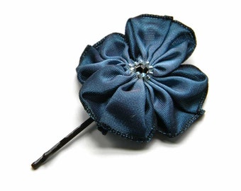 Slate Blue Hand Sewn Ribbon Flower Hairpin Bobbie Pin with a Beaded Swarovski Crystal Center