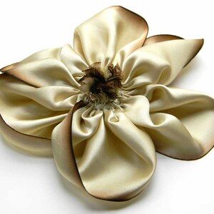 Large Chocolate Brown and Cream Hand Dyed Bias Cut Silk Charmeuse Hand Stitched Ribbon Flower Hair Clip image 2