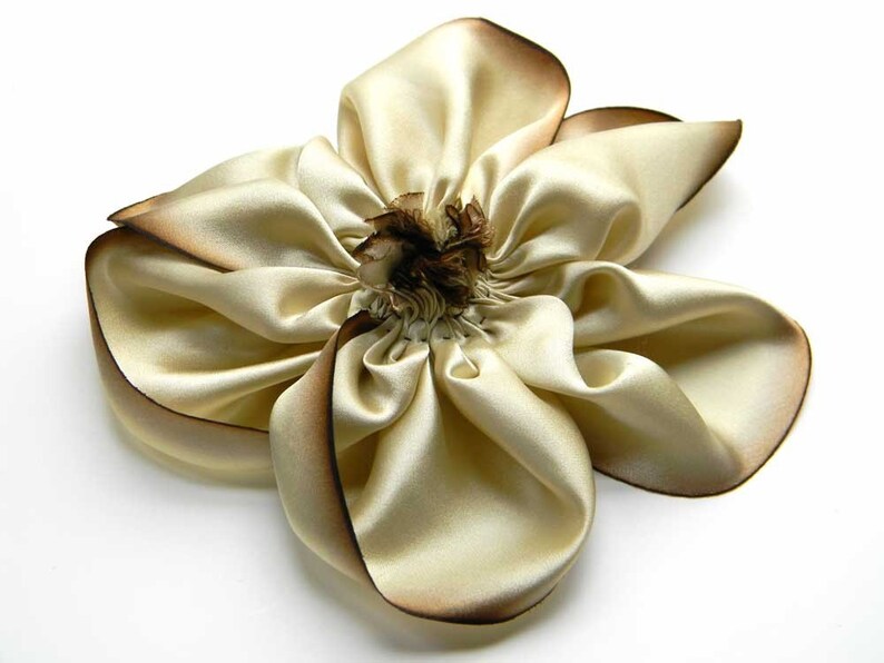 Large Chocolate Brown and Cream Hand Dyed Bias Cut Silk Charmeuse Hand Stitched Ribbon Flower Hair Clip image 2