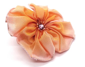 Pale Pink and Bright Orange Hand Stitched Ribbon Flower Brooch Pin with a Sparkling Beaded Swarovski Crystal Centre