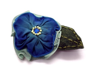 Bright Teal Blue and Aqua Hand Stitched Ribbon Rosette Hair Clip with a Hand Embroidered Felt Leaf and a Beaded Swarovski Crystal Cente