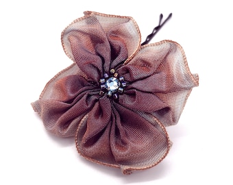 Light Blue Fading into Bronze Brown Hand Stitched Ribbon Flower Hairpin Bobbie Pin with a Beaded Swarovski Crystal Centre