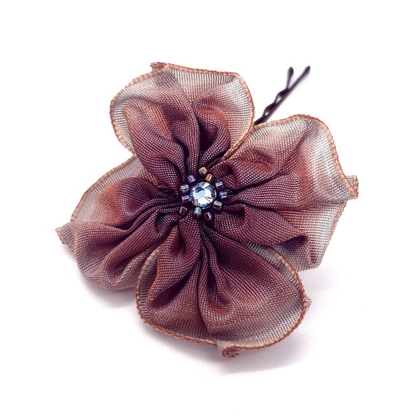 Light Blue Fading into Bronze Brown Hand Stitched Ribbon Flower Hairpin Bobbie Pin with a Beaded Swarovski Crystal Centre