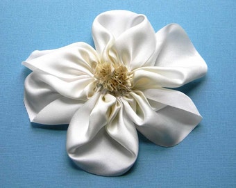 Large Antique White and Ivory Hand Dyed Bias Cut Silk Charmeuse Hand Stitched Ribbon Flower Hair Clip