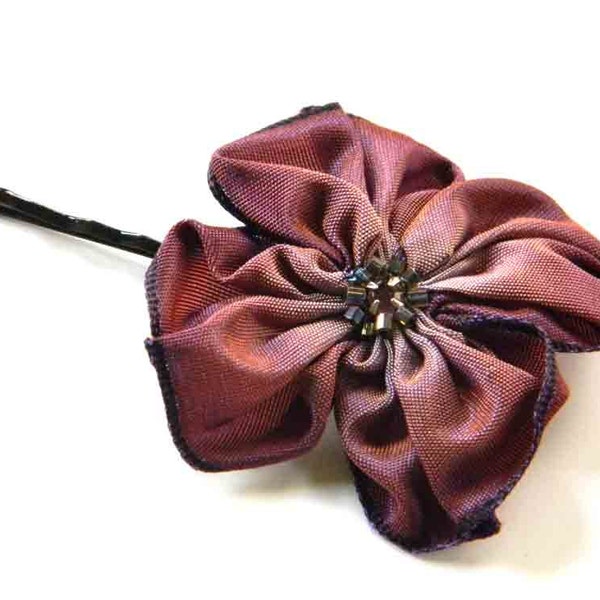 Autumn Plum Bronzed Violet and Lavender Hand Stitched Ribbon Flower Hairpin Bobby Pin with a Swarovski Crystal Center