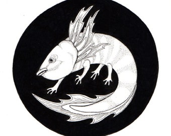 Axolotl Mythological Salamander ORIGINAL artwork ink drawing on paper 6 x 6
