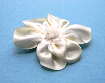 Ivory and Antique White Hand Dyed Bias Cut Silk Charmeuse Hand Stitched Ribbon Flower Brooch Pin