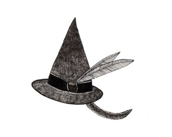 Black Cat's Attempt at Wearing a Witch's Hat ORIGINAL artwork ink drawing on paper 6 x 6